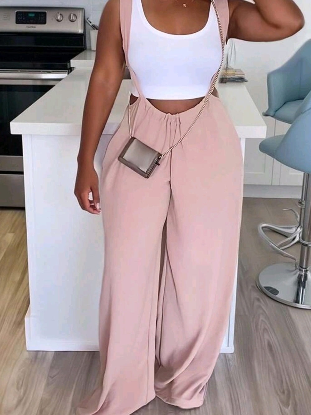 Wide-Leg Suspender Jumpsuit in Blush Pink